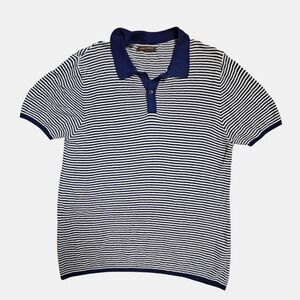 Adolfo‎ Dominguez Mens Textured Stripes Knit Polo Shirt 7 L Quiet Luxury Staple